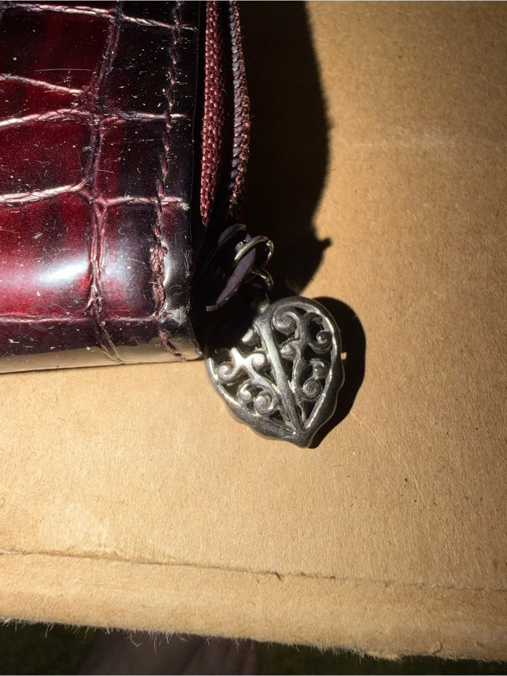 Brighton Burgundy Croc Embossed Leather Organizer Wallet Silver Heart Y2K